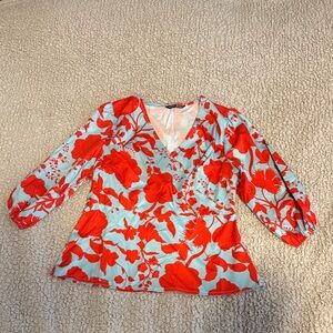 Floral V-Neck Blouse - Red and Light Blue